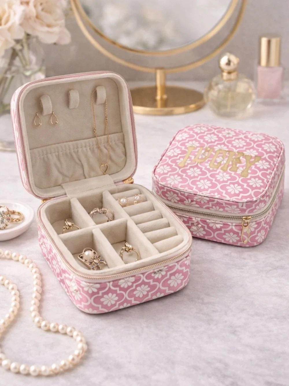 LUCKY Pink Floral Mini Jewelry Organizer Case | Travel Storage Box
